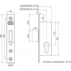 9641/07-25 KASTSLOT, DM25MM, VOORPLAAT RVS 24X150MM RECHTHOEKIG, ZAMAC